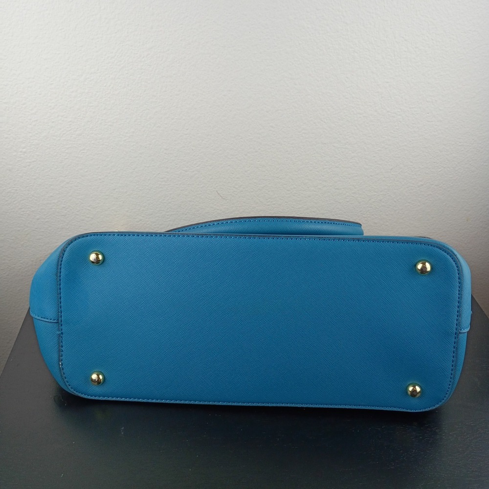 Anne Klein Blue Saffiano Satchel Handbag Gold Hardware Polka Dot Lining - Picture 3 of 11